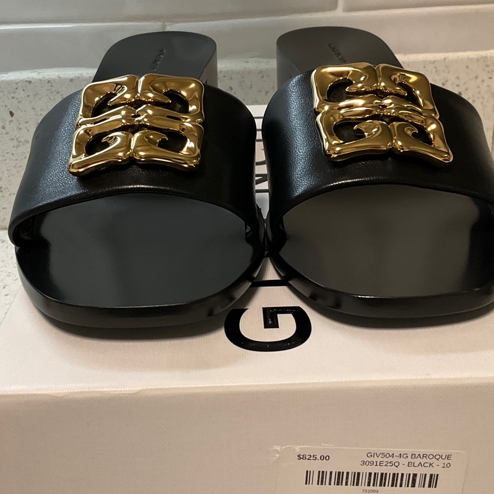 Givenchy 4G Baroque Black Slides with Gold Detailing - Picture 3 of 7